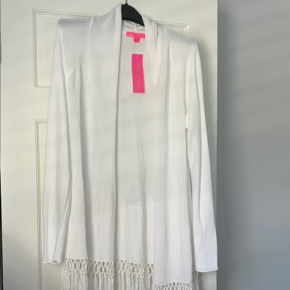 NWT Lilly Pulitzer White Open-Front Sweater with Fringe
